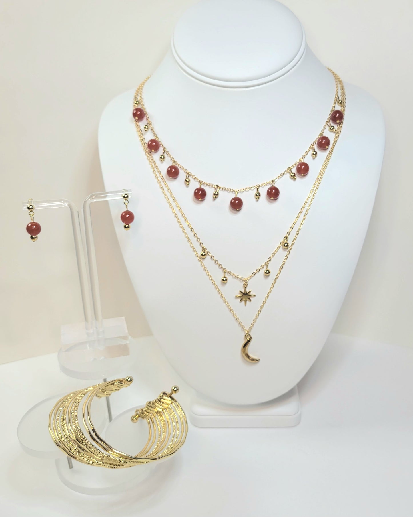Red Agate Beads 3-Tiered Gold Necklace and Earrings Set. Handmade. Customizable.