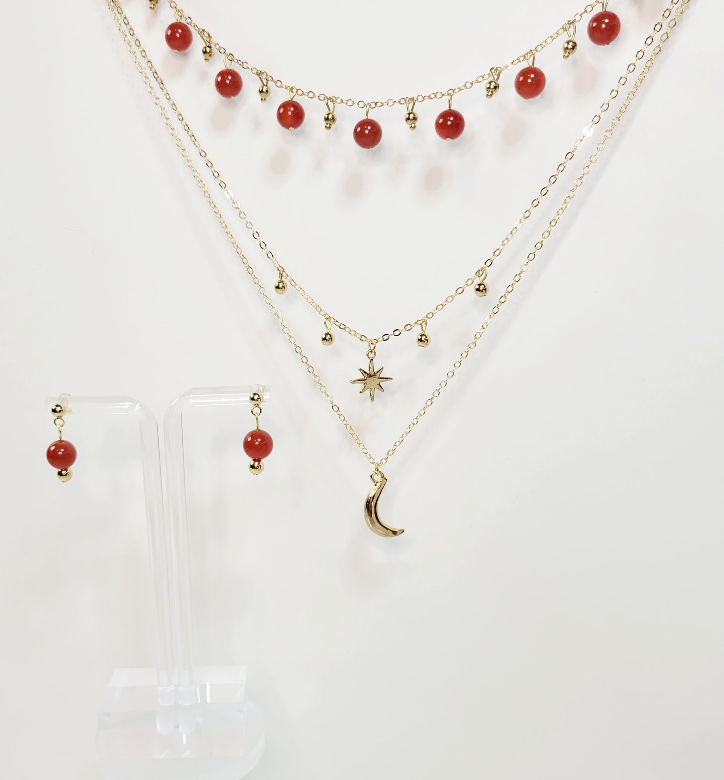 Red Agate Beads 3-Tiered Gold Necklace and Earrings Set. Handmade. Customizable.