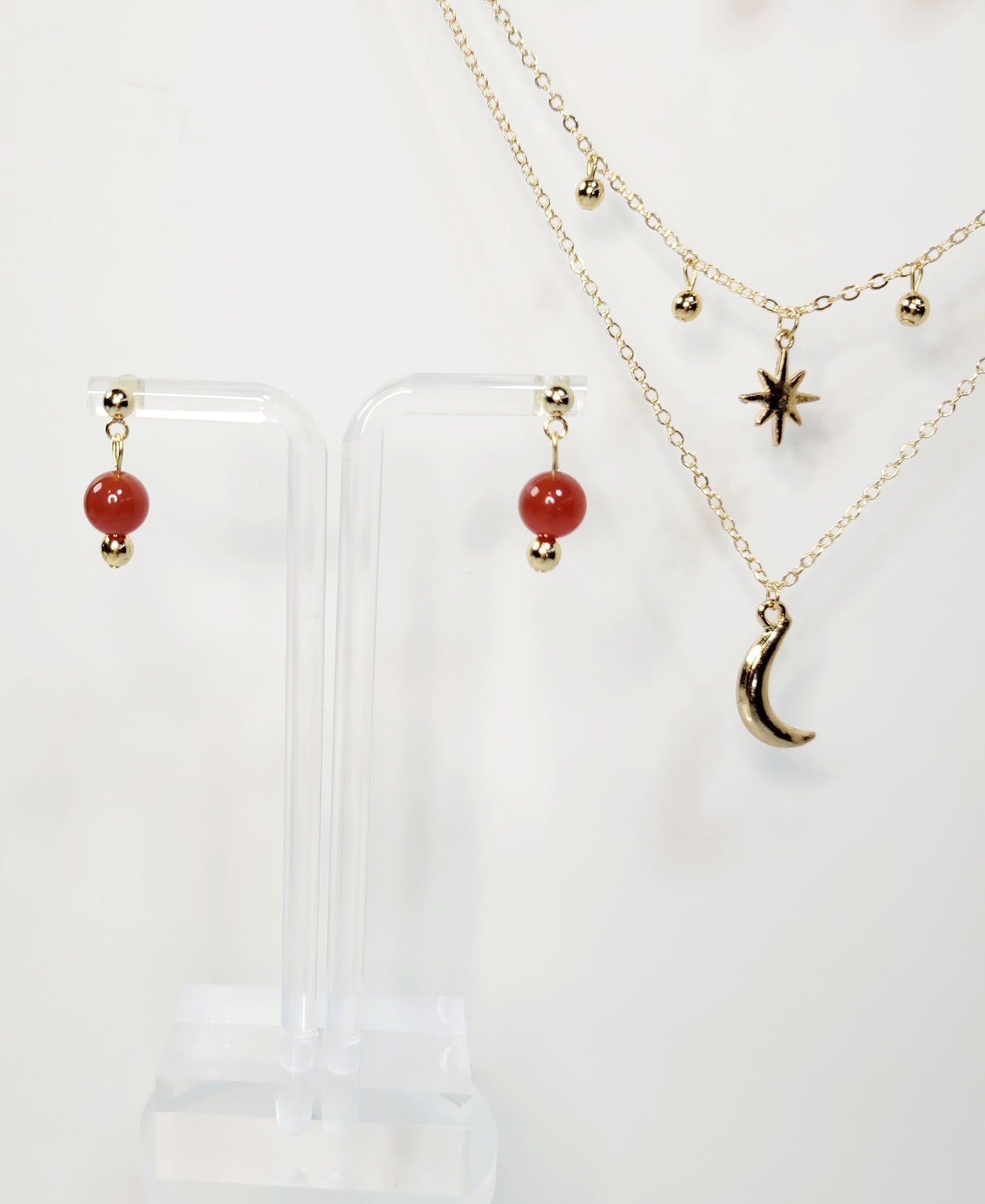 Red Agate Beads 3-Tiered Gold Necklace and Earrings Set. Handmade. Customizable.