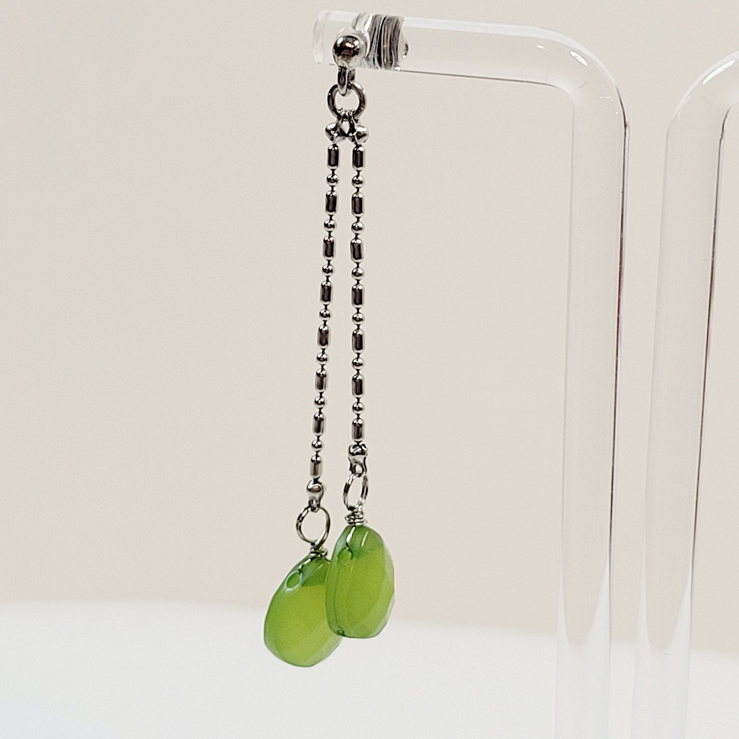 Pastel Green Drop Earring. Silver toned.