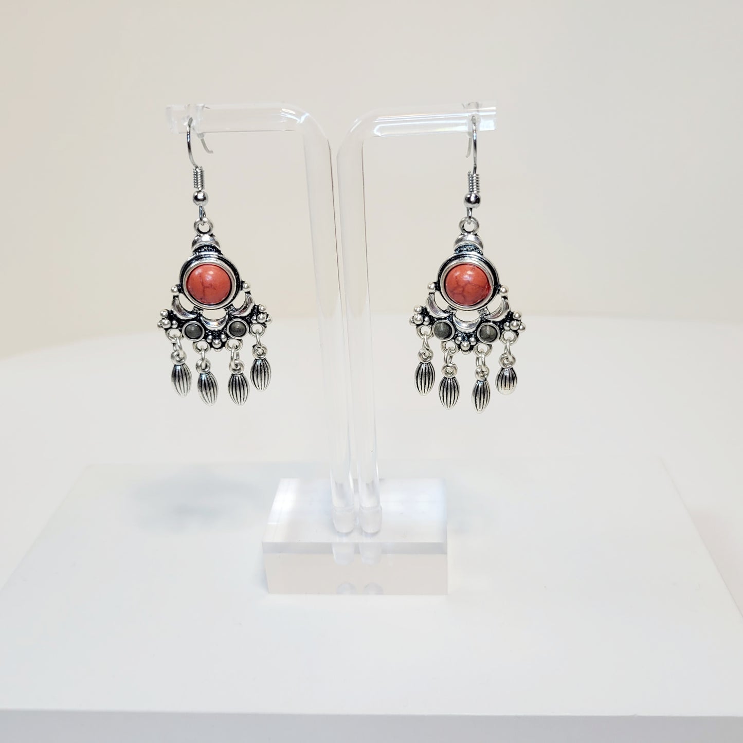 Boho Drop Earrings with Orange and Green Stones