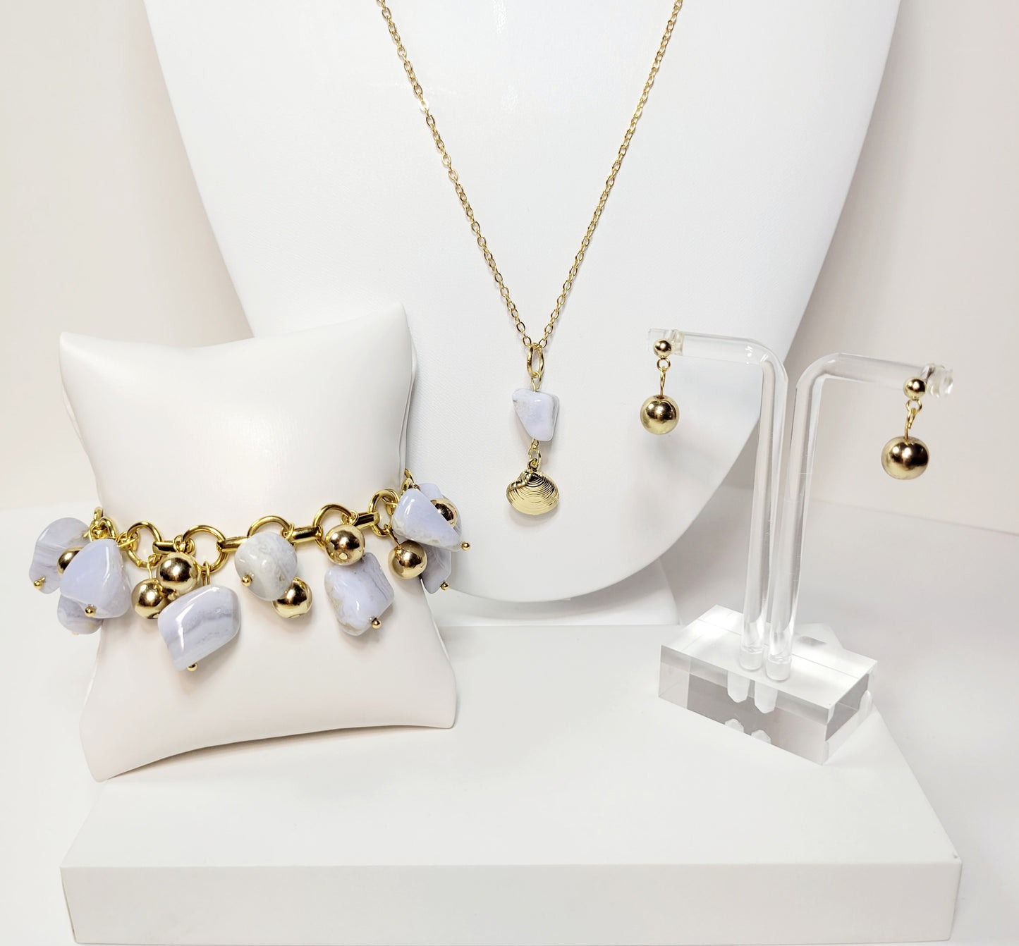 Light Marbled Stone Jewelry Set. Handmade.