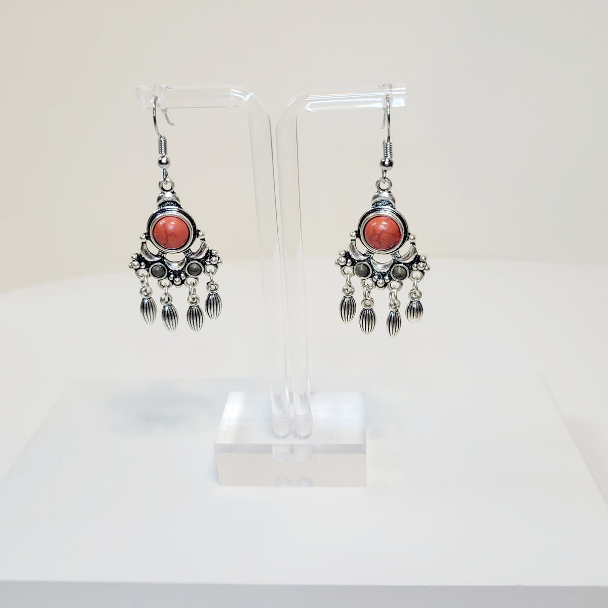 Boho Drop Earrings with Orange and Green Stones