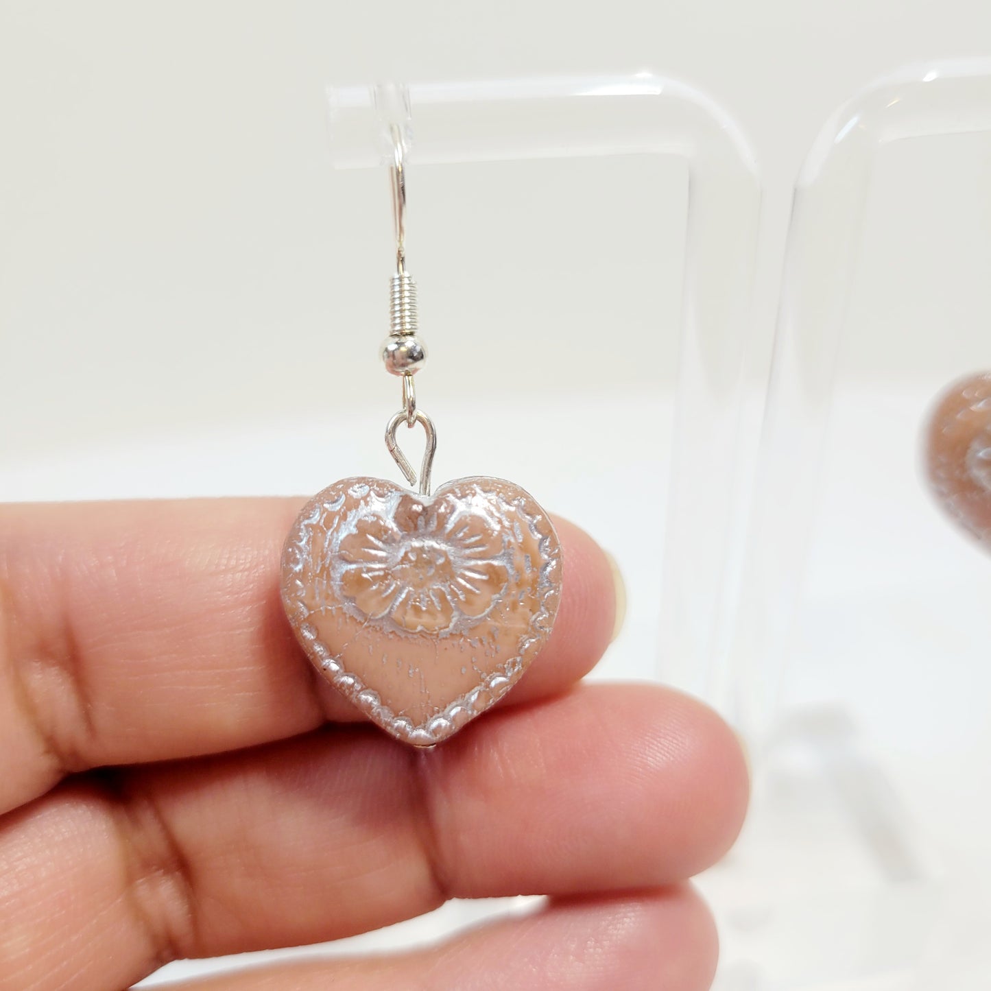 Heart Czech Crystal Earrings. Silver and Pink.