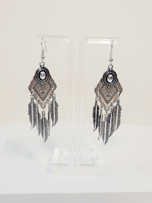 Bohemian Feather Drop Earrings. Silver tone.