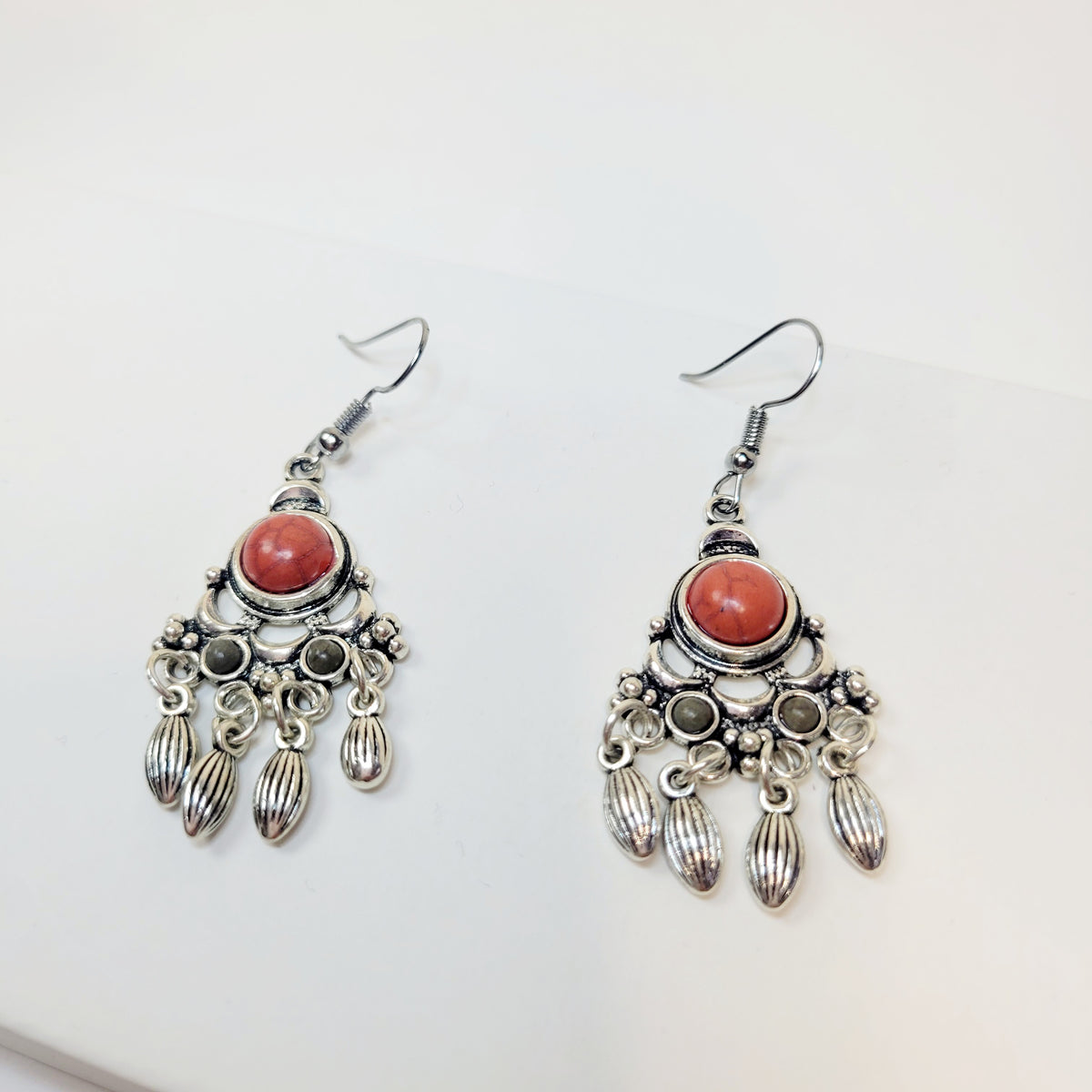 Boho Drop Earrings with Orange and Green Stones
